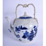A RARE 19TH CENTURY SPODE TEAPOT AND COVER printed with landscapes. 24 cm x 16 cm.