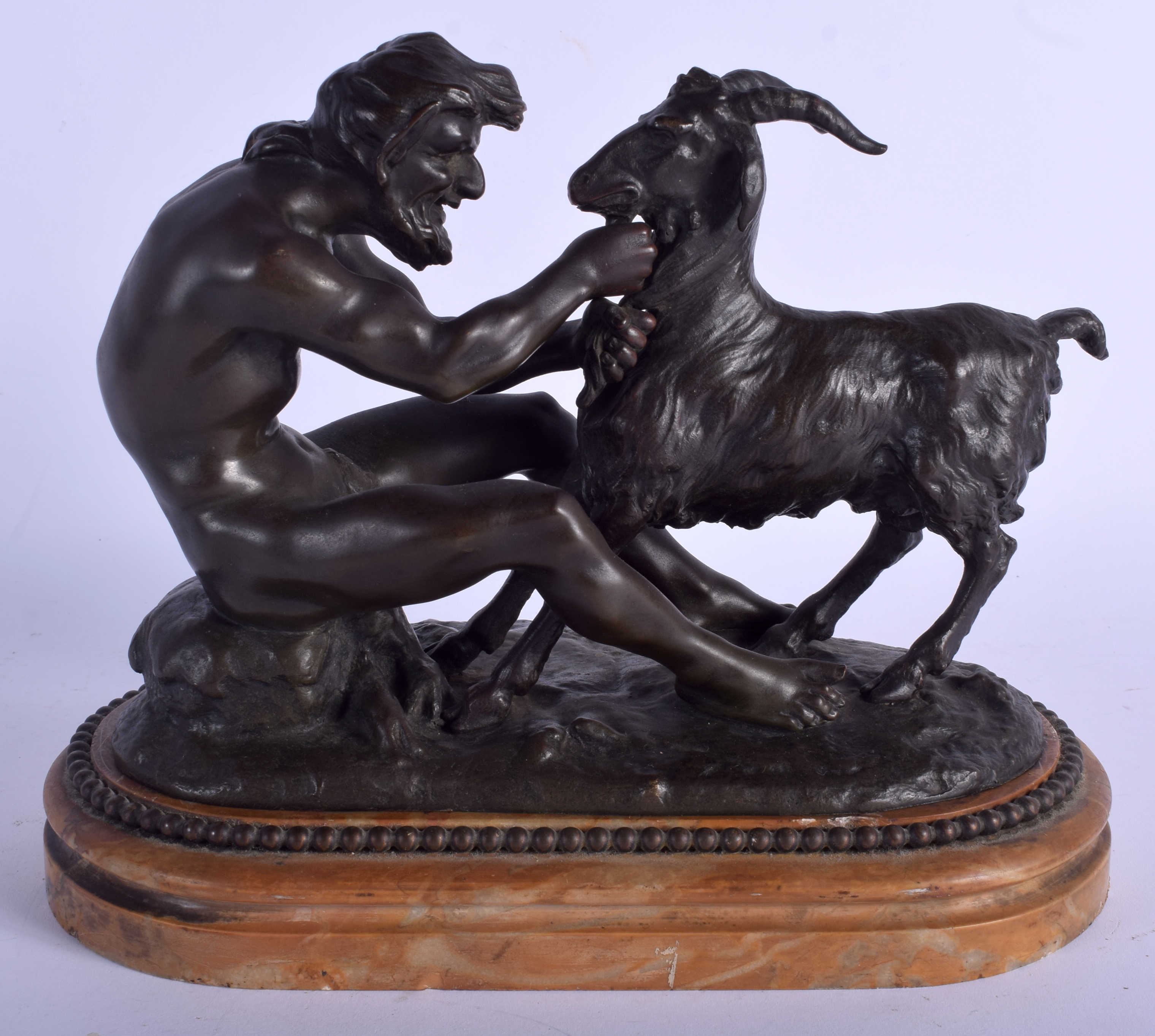 A 19TH CENTURY EUROPEAN BRONZE FIGURE OF PAN AND A GOAT modelled upon a sienna marble base. 24 cm x - Image 3 of 4
