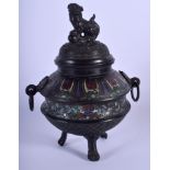 A 19TH CENTURY JAPANESE MEIJI PERIOD CHAMPLEVE ENAMEL CENSER AND COVER decorated with motifs. 23 cm