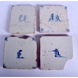 FOUR 18TH CENTURY DUTCH DELFT BLUE AND WHITE TILES. 13.5 cm square. (4)