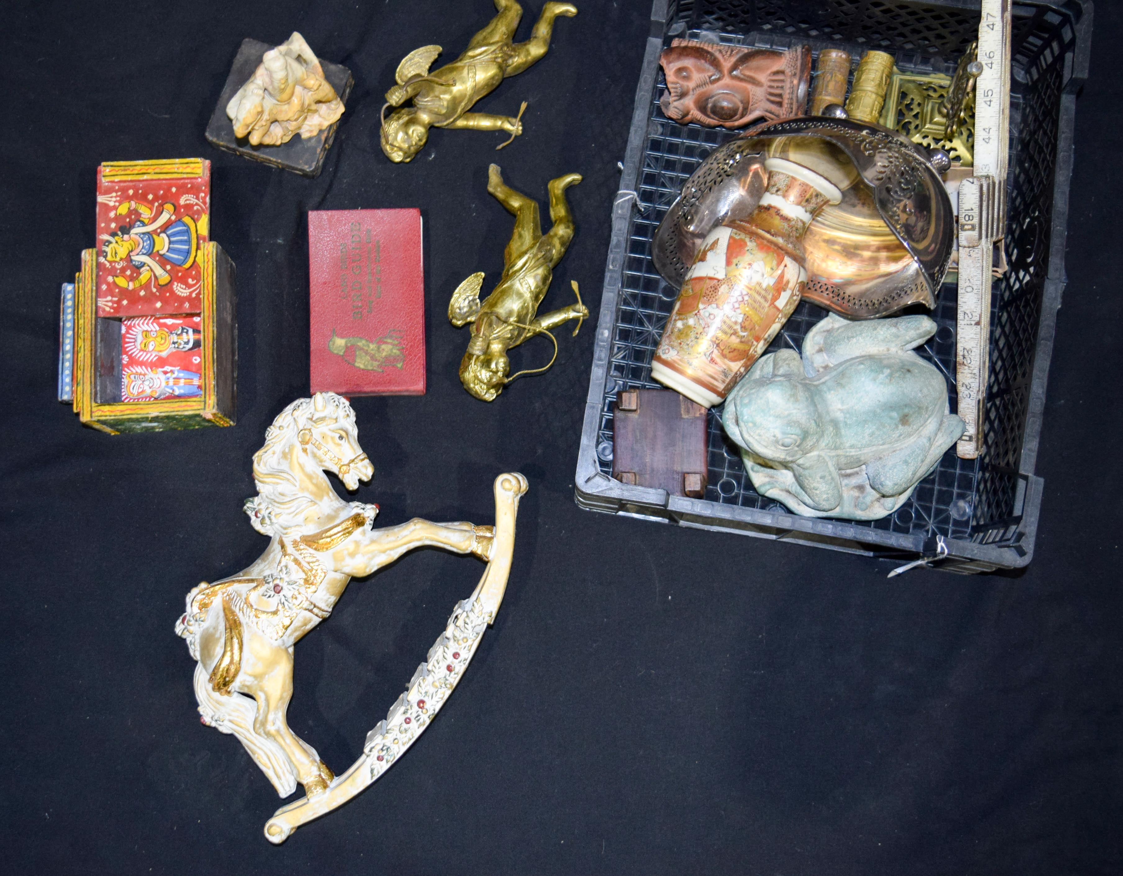 Miscellaneous group Brass cupids, satsuma vase, stone frog water spout etc