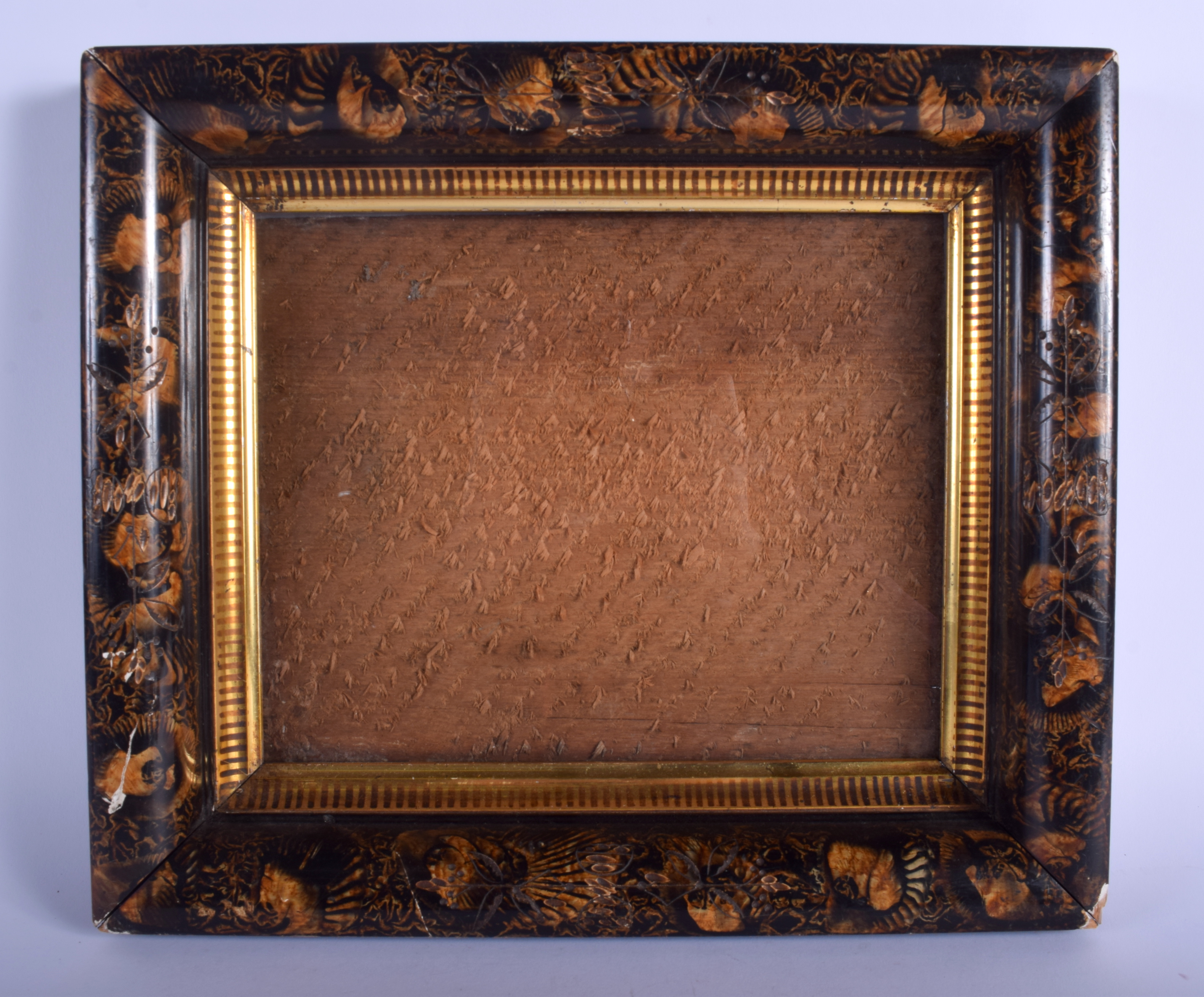 AN EARLY 19TH CENTURY BLACK LACQUER PHOTOGRAPH FRAME painted with gilded shells and foliage. 34 cm