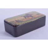AN ANTIQUE PAPIER MACHE SNUFF BOX to be delivered immediately. 9 cm x 5 cm.