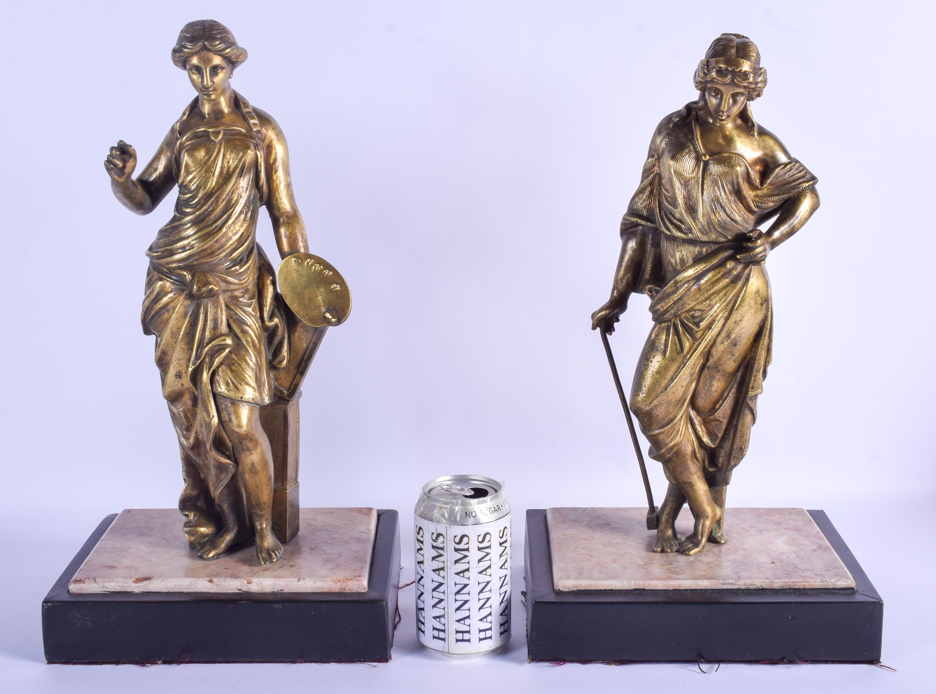 A LARGE PAIR OF 19TH CENTURY EUROPEAN GRAND TOUR BRONZE FIGURES modelled as standing females upon ma