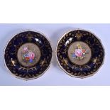 Late 19th c. Derby King Street pair of plates painted with roses under a cobalt blue and gilt border