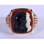 A VINTAGE 10K GOLD CAMEO STONE RING. 7 grams. R.