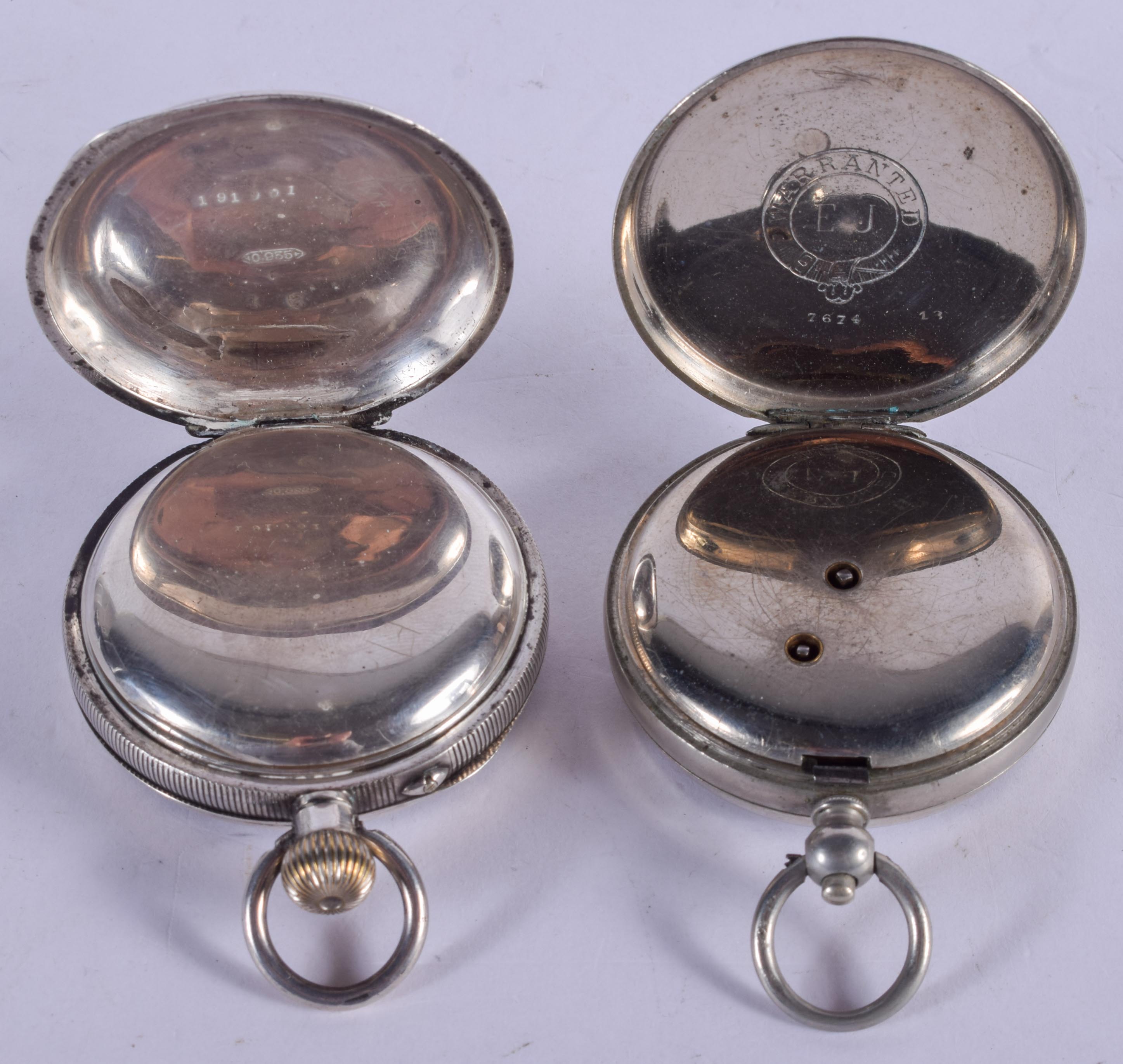 AN ANTIQUE SILVER POCKET WATCH and another plated watch. Largest 5.25 cm diameter. (2) - Image 3 of 5