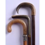 THREE 19TH CENTURY CONTINENTAL RHINOCEROS HORN HANDLED WALKING CANES. Largest 90 cm long. (3)