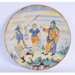 A LARGE 19TH CENTURY CONTINENTAL MAJOLICA FAIENCE DISH painted with figures. 36 cm diameter.