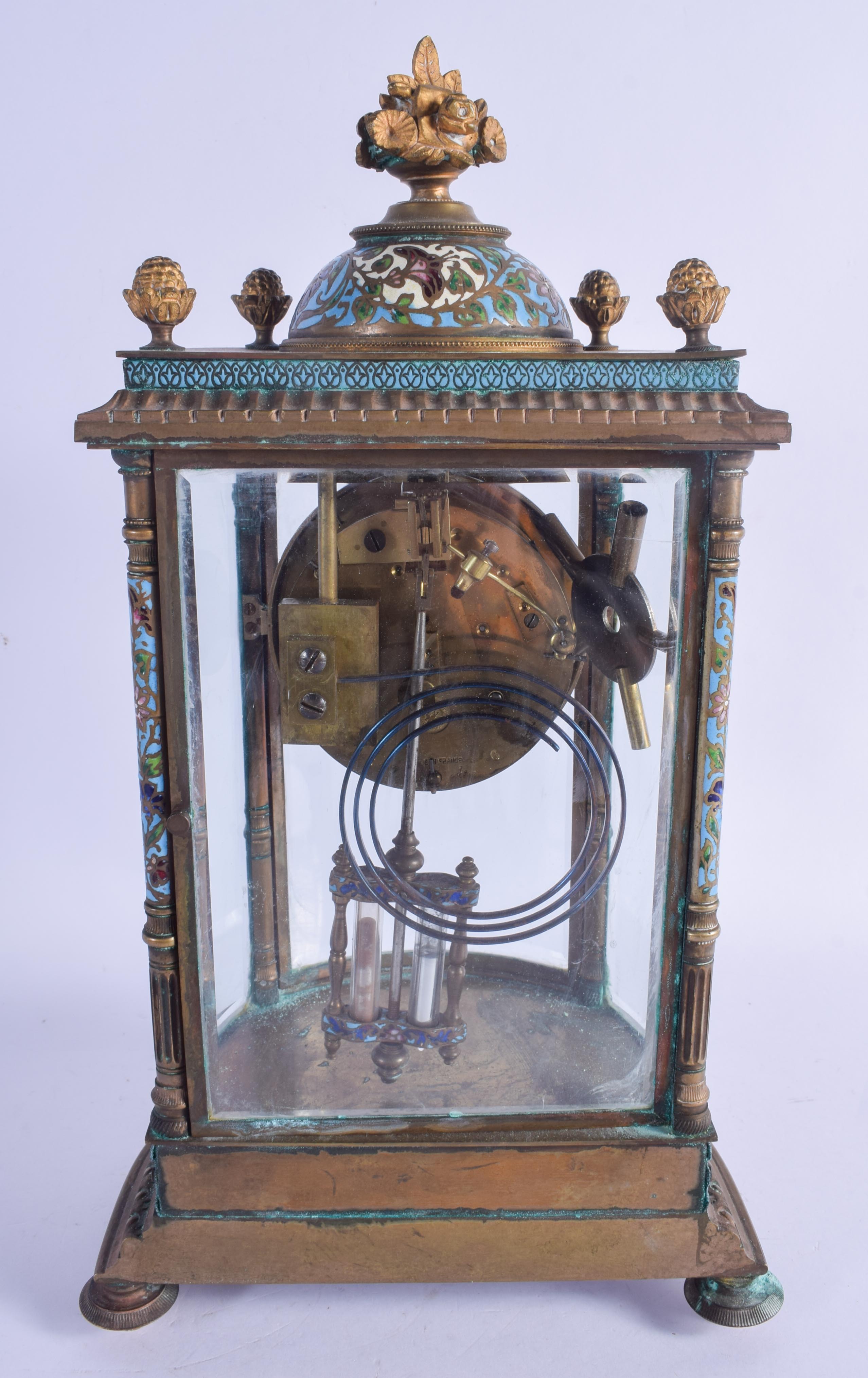 A 19TH CENTURY FRENCH CHAMPLEVE ENAMEL BRONZE REGULATOR MANTEL CLOCK. 36 cm x 12 cm. - Image 2 of 3