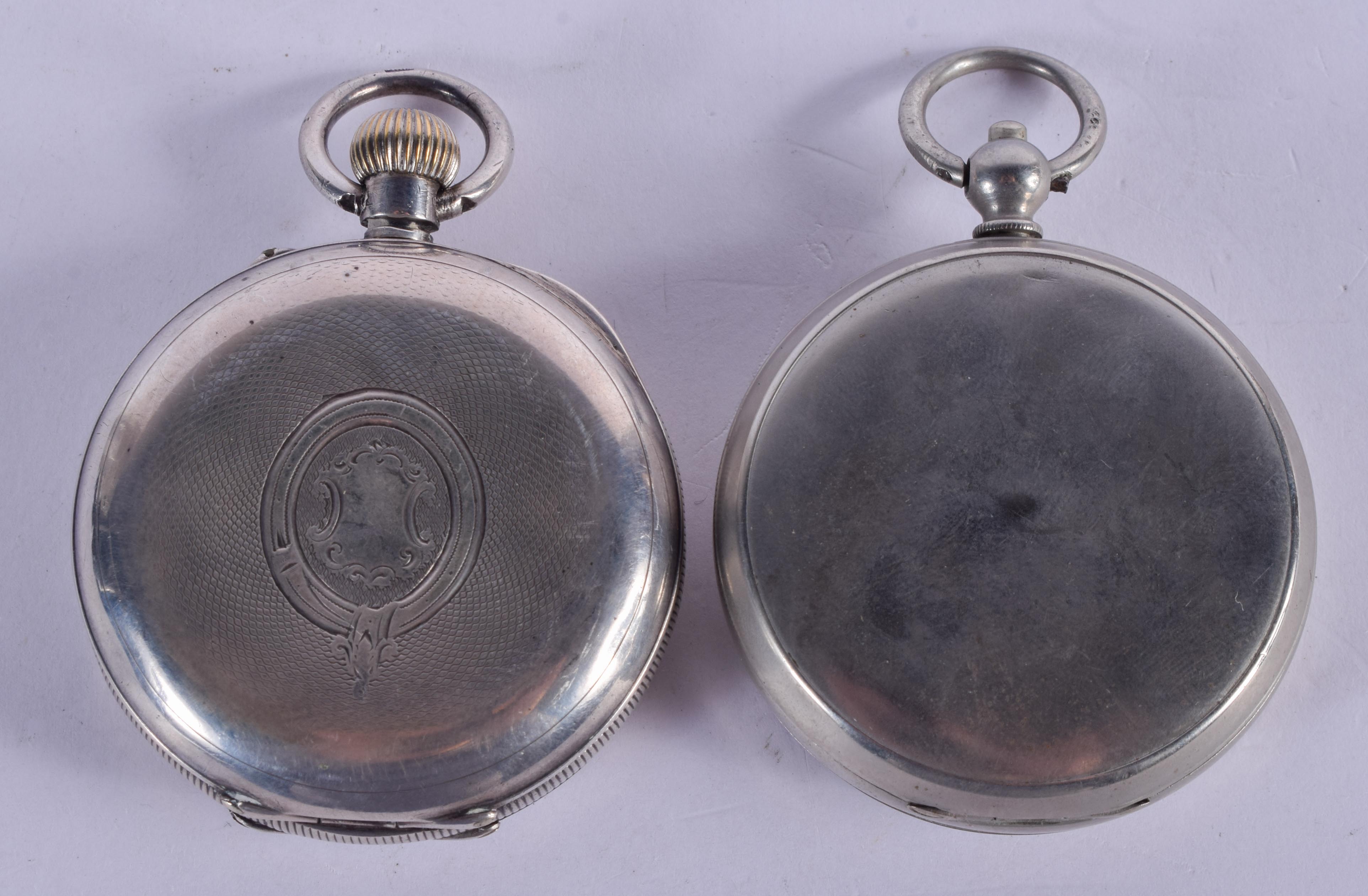 AN ANTIQUE SILVER POCKET WATCH and another plated watch. Largest 5.25 cm diameter. (2) - Image 2 of 5