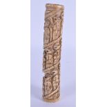A 19TH CENTURY AFRICAN TRIBAL CARVED BONE PROCESSIONAL POUNDER decorated with figures. 18 cm high.