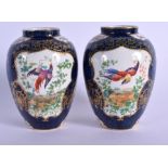 A PAIR OF ANTIQUE BOOTHS BLUE SCALE VASES. 12.5 cm high.