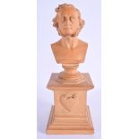 A 19TH CENTURY FRENCH TERRACOTTA STONEWARE BUST OF A MALE modelled upon a square form plinth. 30 cm