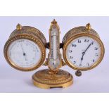 A 19TH CENTURY EUROPEAN GILT METAL CASED BAROMETER CLOCK DESK STAND. 15 cm x 11 cm.