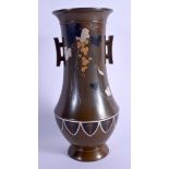 A 19TH CENTURY JAPANESE MEIJI PERIOD TWIN HANDLED BRONZE VASE silver inlaid with birds. 22.5 cm high