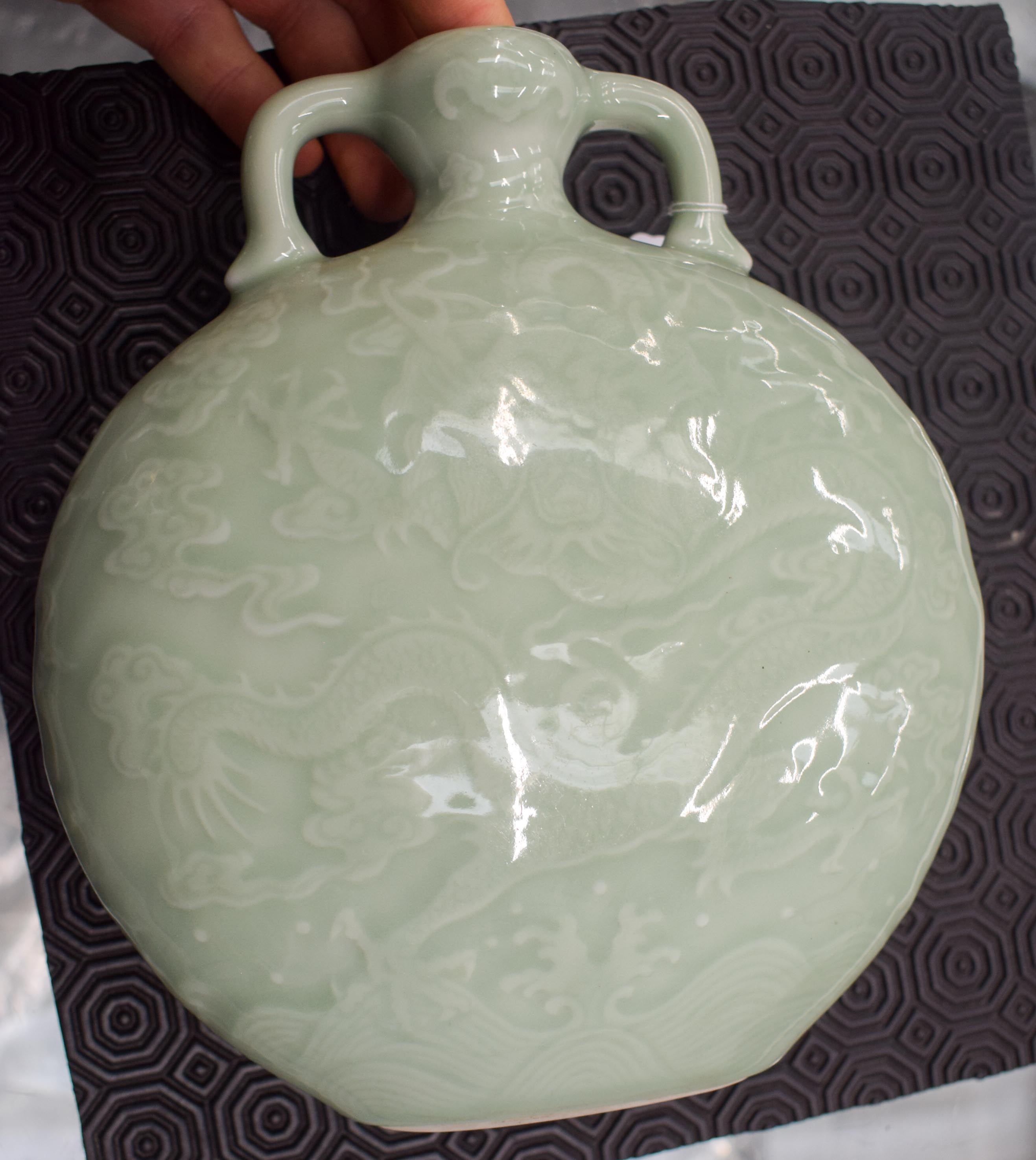 A CHINESE TWIN HANDLED CELADON MOON PILGRIM FLASK 20th Century, bearing Qianlong marks to base, deco - Image 6 of 11