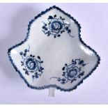 18th c. Liverpool leaf shaped dish painted with three trailing flowers. 11cm long, 11cm high