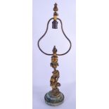 A 19TH CENTURY EUROPEAN GILT BRONZE AND BLUEJOHN FIGURAL GROUP converted to a lamp. 44 cm high overa