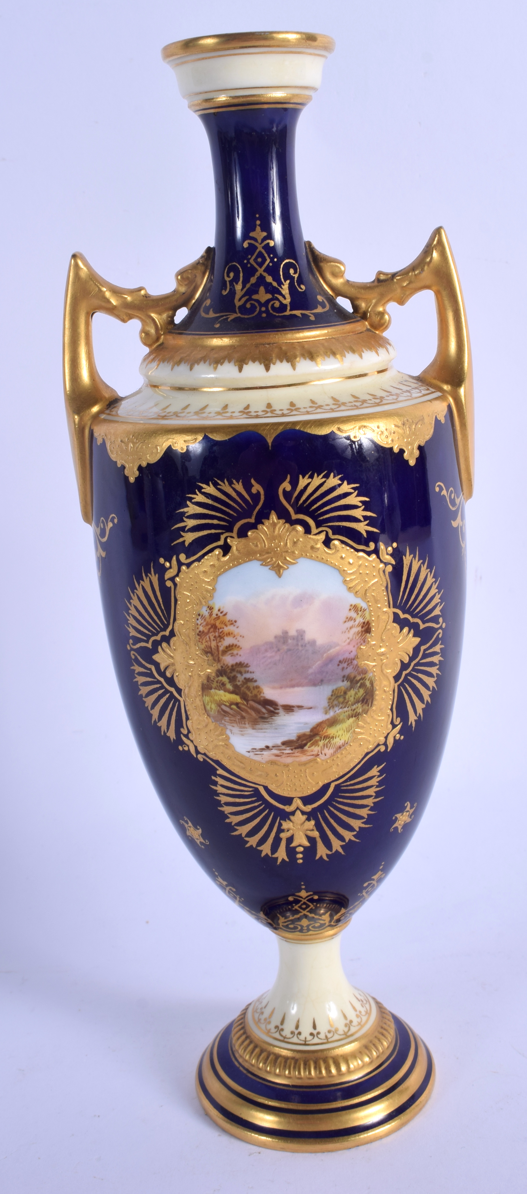 Late 19th/Early 20th c. Coalport vase painted with a landscape to the front and flowers verso surrou