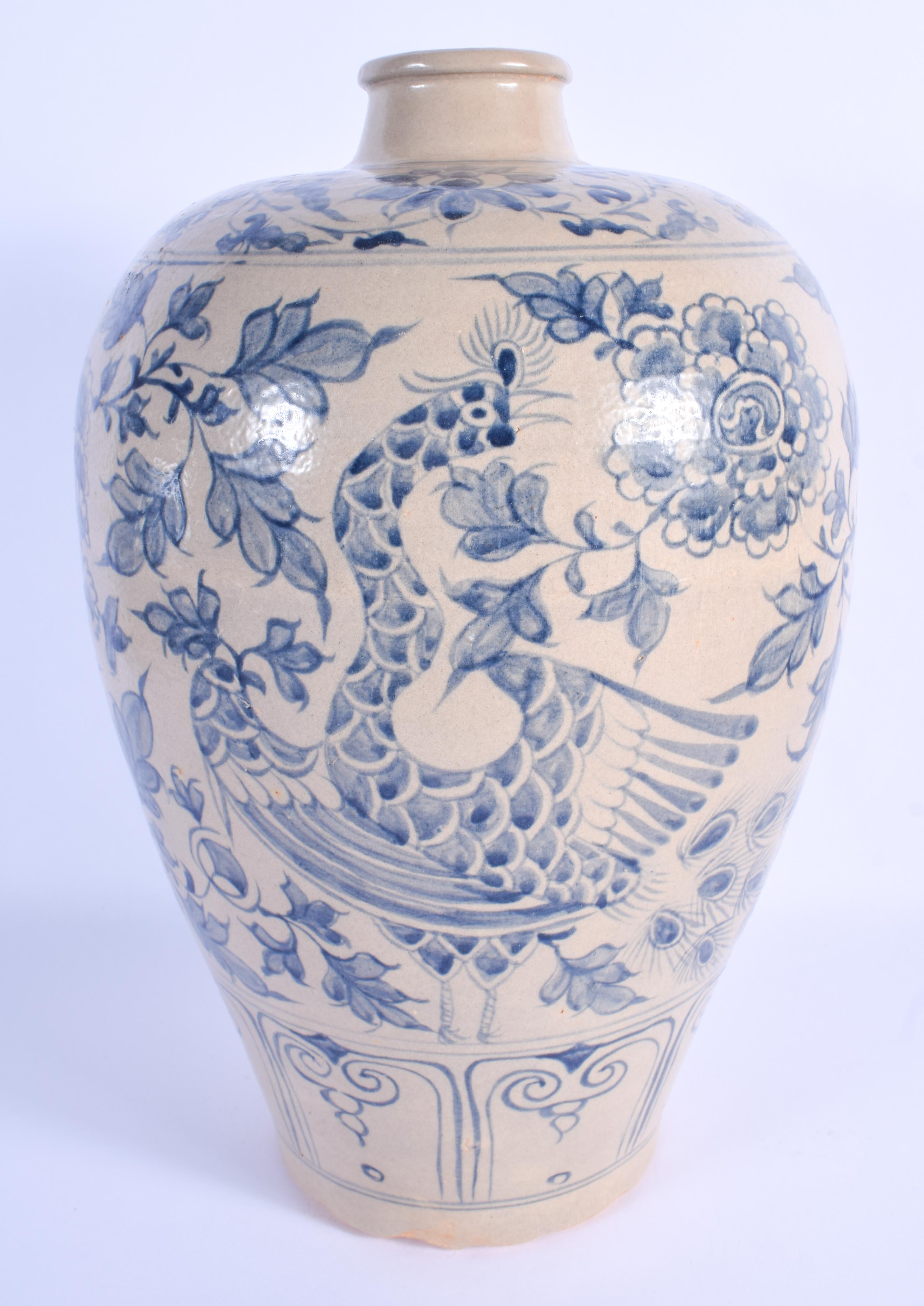 AN ANTIQUE VIETNAMESE STONEWARE POTTERY VASE painted with birds and flowers. 33 cm x 15 cm. Provenan - Image 2 of 3