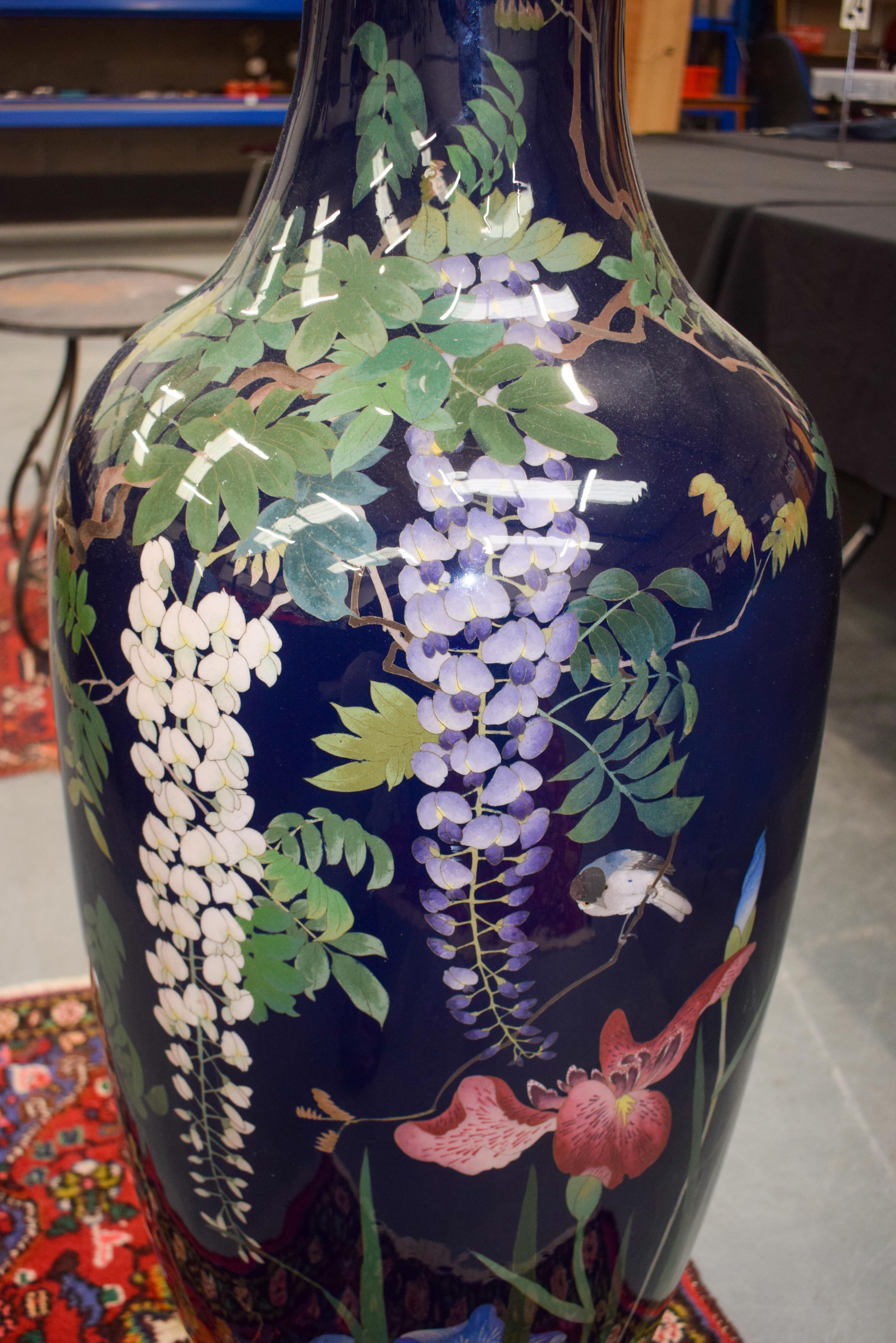 A VERY LARGE 19TH CENTURY JAPANESE MEIJI PERIOD CLOISONNE ENAMEL VASE decorated with birds and flowe - Image 7 of 17