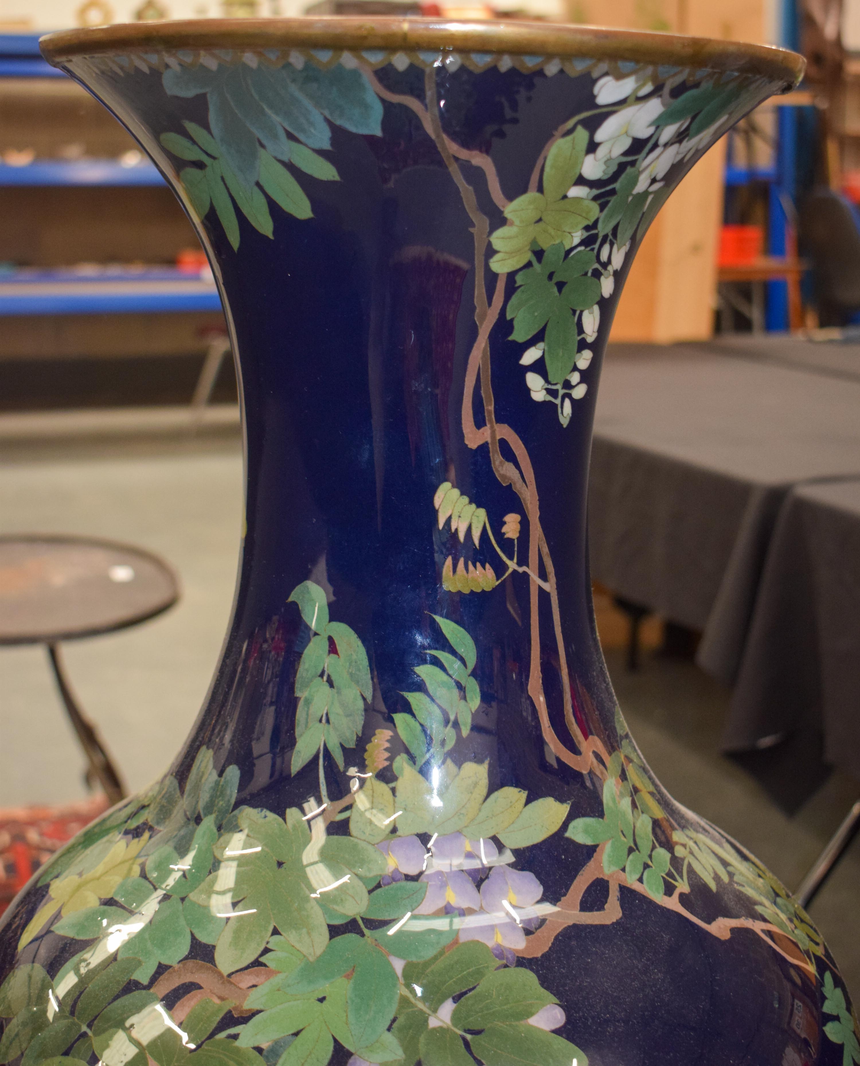 A VERY LARGE 19TH CENTURY JAPANESE MEIJI PERIOD CLOISONNE ENAMEL VASE decorated with birds and flowe - Image 6 of 17