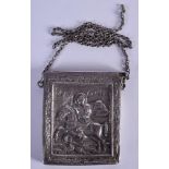 AN UNUSUAL RUSSIAN ORTHODOX SILVER HANGING BOX decorated with figures upon a saint. 89 grams. 8 cm x