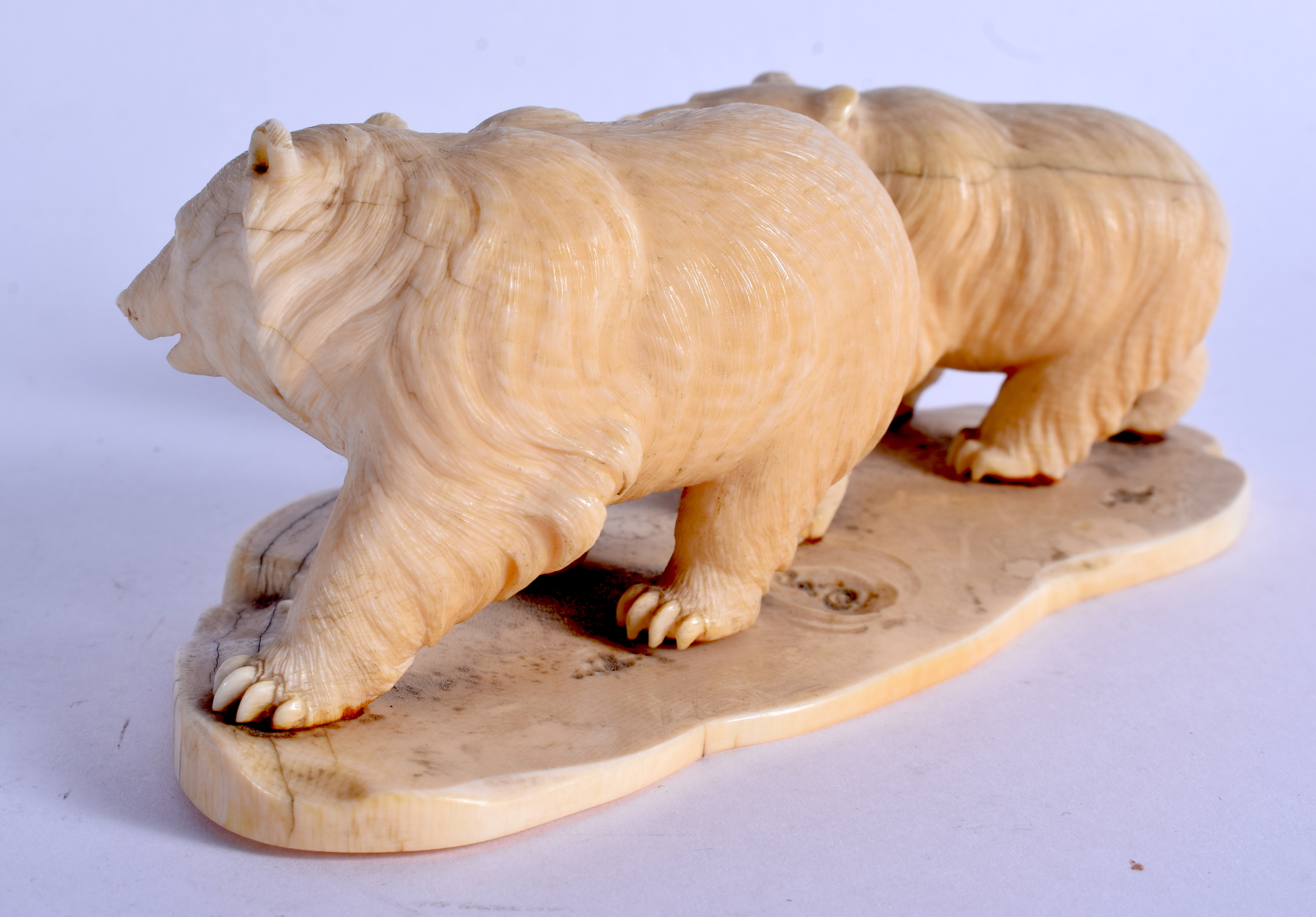 A 19TH CENTURY JAPANESE MEIJI PERIOD CARVED IVORY OKIMONO modelled as roaming bears. 14 cm x 6 cm. - Image 2 of 4