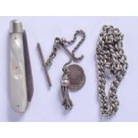 A 1950S SILVER FRUIT KNIFE and a chain. Sheffield 1955. (2)