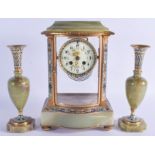 AN ANTIQUE FRENCH ONYX AND CHAMPLEVE ENAMEL CLOCK GARNITURE. Mantel 33 cm x 17 cm. (3)
