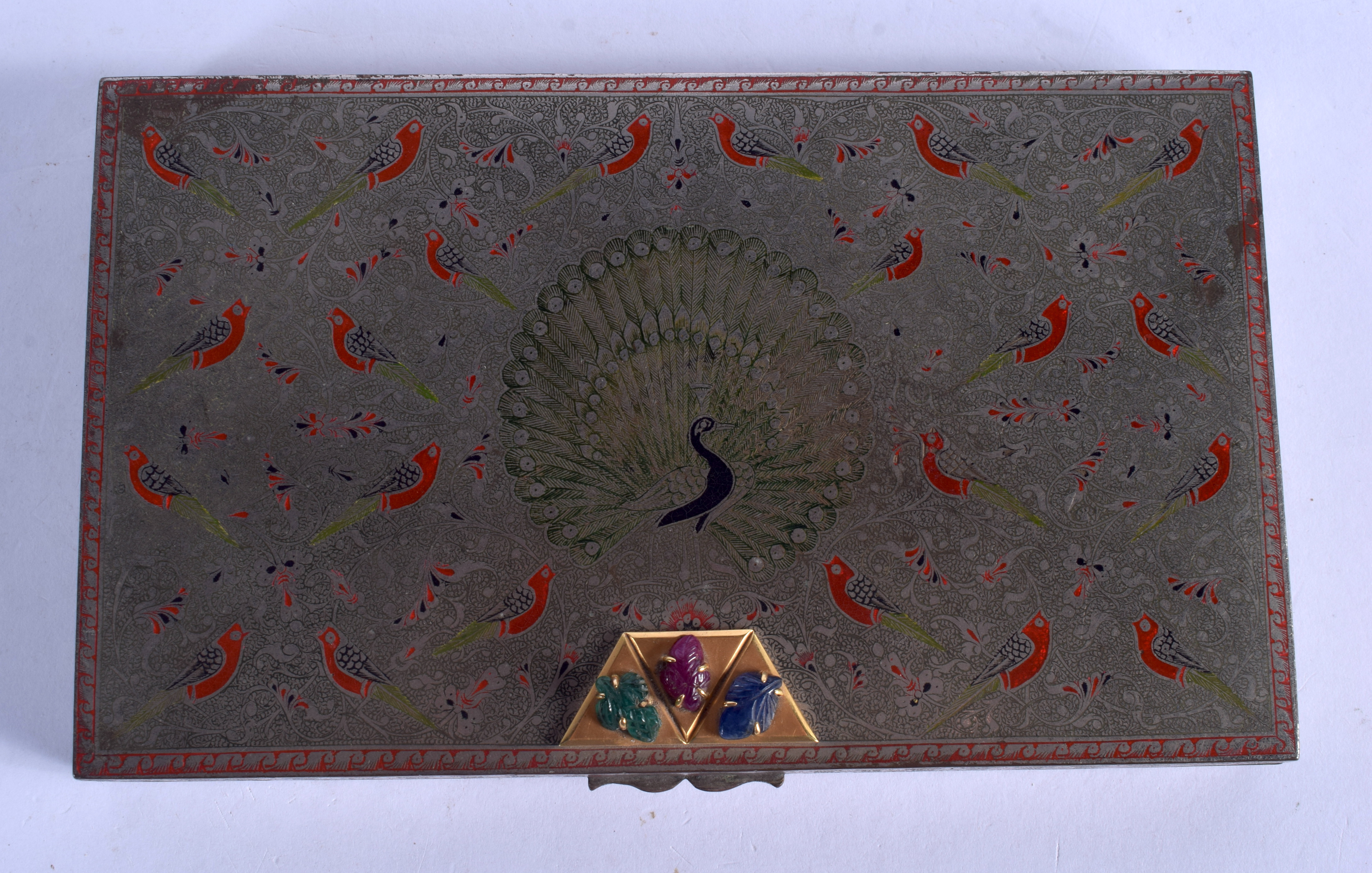 A LOVELY PERSIAN ENAMELLED RECTANGULAR BOX finely decorated with birds, set with an emerald, sapphir