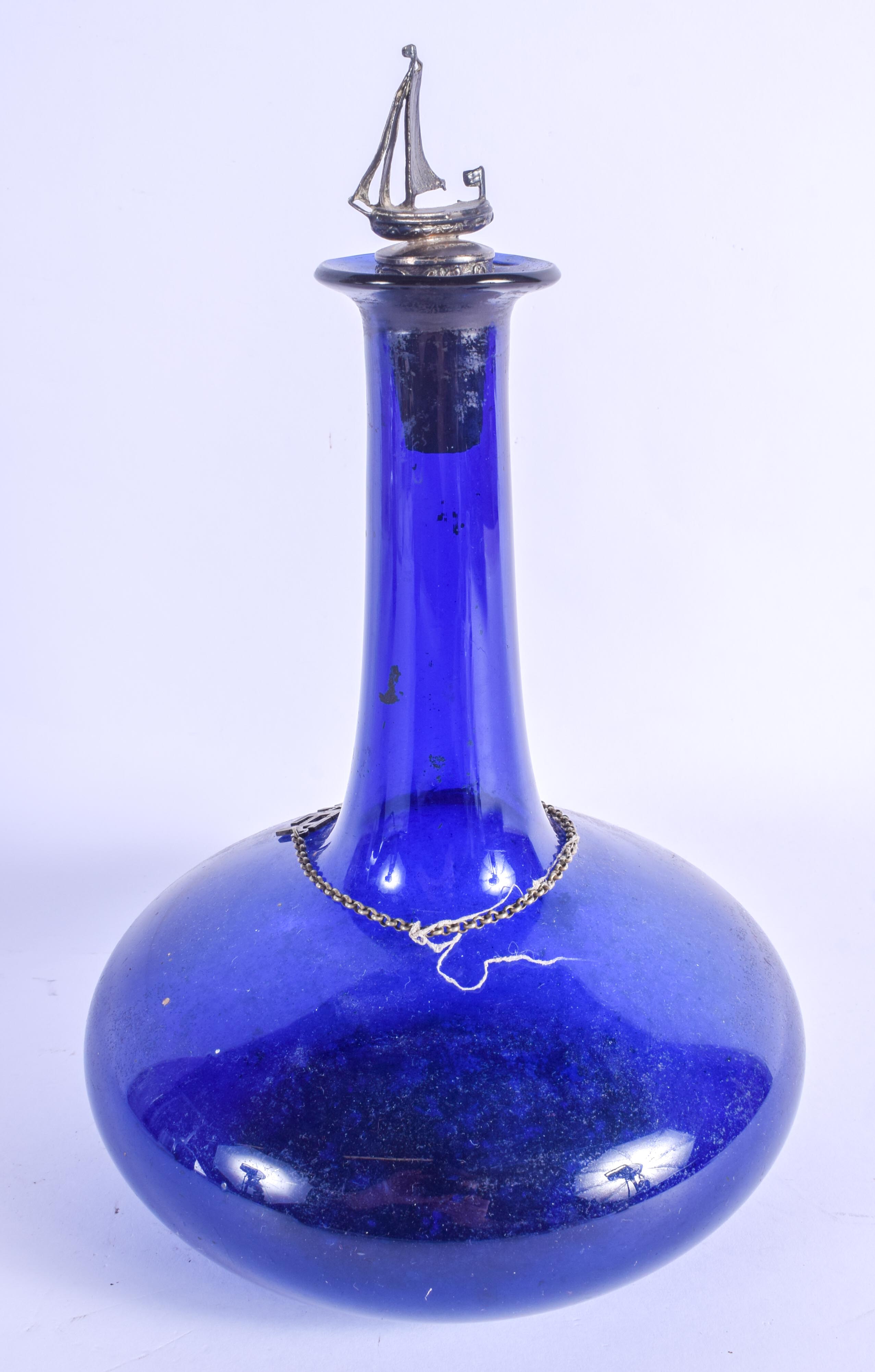 AN UNUSUAL ENGLISH SILVER MARITIME BRISTOL BLUE DECANTER. 26 cm high. - Image 2 of 4