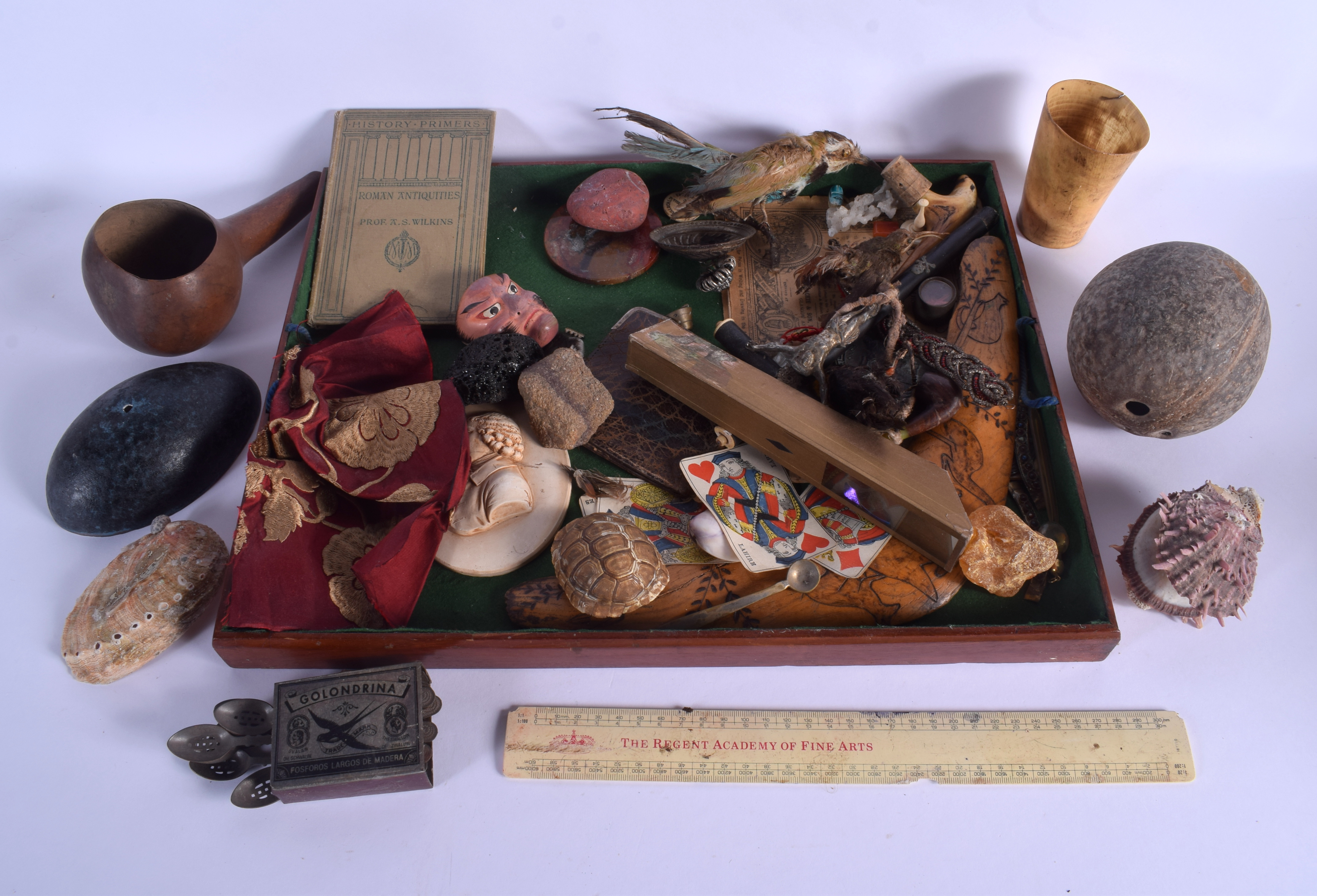 A BOX OF ASSORTED ANTIQUES AND CURIOSITIES including shells and masks etc. (qty)