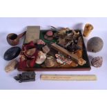 A BOX OF ASSORTED ANTIQUES AND CURIOSITIES including shells and masks etc. (qty)
