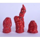 THREE VINTAGE CHINESE CORAL CARVINGS. Largest 7 cm long. (3)