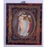 AN ANTIQUE CONTINENTAL PAINTED IVORY PORTRAIT MINIATURE within a Boulle frame. Image 8.5 cm x 6.5 cm