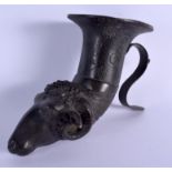 A RARE 19TH CENTURY ITALIAN GRAND TOUR BRONZE RHYTON DRINKING CUP formed with a rams head. 16 cm x 8