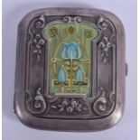 AN ART NOUVEAU CONTINENTAL SILVER CIGARETTE CASE with painted lacquered panels. 69 grams. 6.5 cm x 8