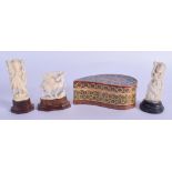 THREE ANTIQUE ANGLO INDIAN IVORY FIGURES together with a large mosaic inlaid box. Largest 11 cm x 6