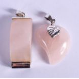 TWO SILVER AND PINK QUARTZ PENDANTS. (2)