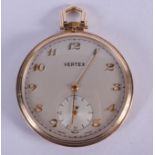 A 1930S 9CT GOLD VERTEX POCKET WATCH. 46.6 grams overall. 4.5 cm diameter.