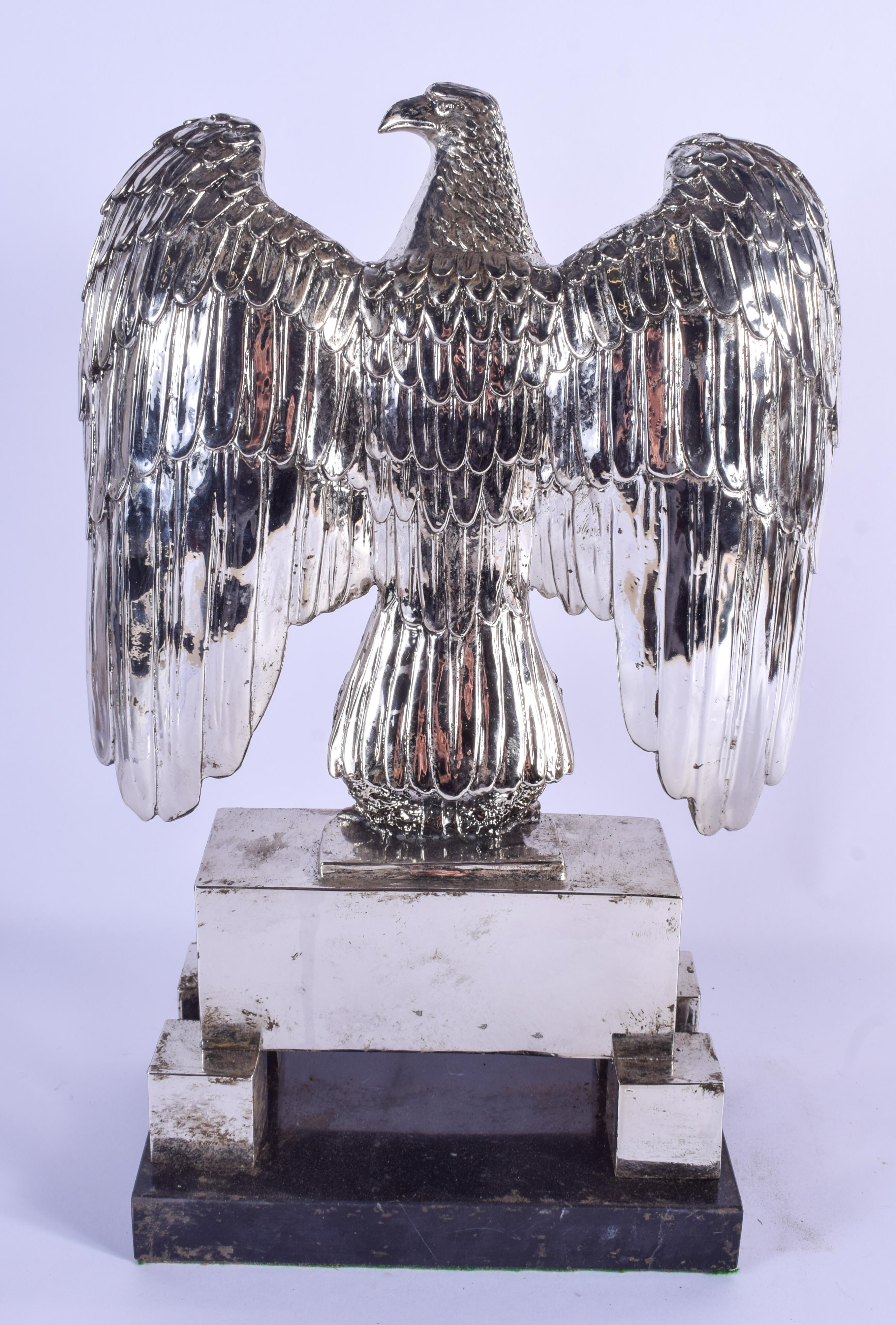 A LARGE GERMAN SILVER PLATED BRONZE AND MARBLE EAGLE CENTREPIECE formed over a swastika. 44 cm x 24 - Image 2 of 2