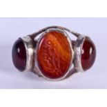 A LARGE VINTAGE MIDDLE EASTERN ISLAMIC SILVER CALLIGRAPHY AGATE RING. W/X.