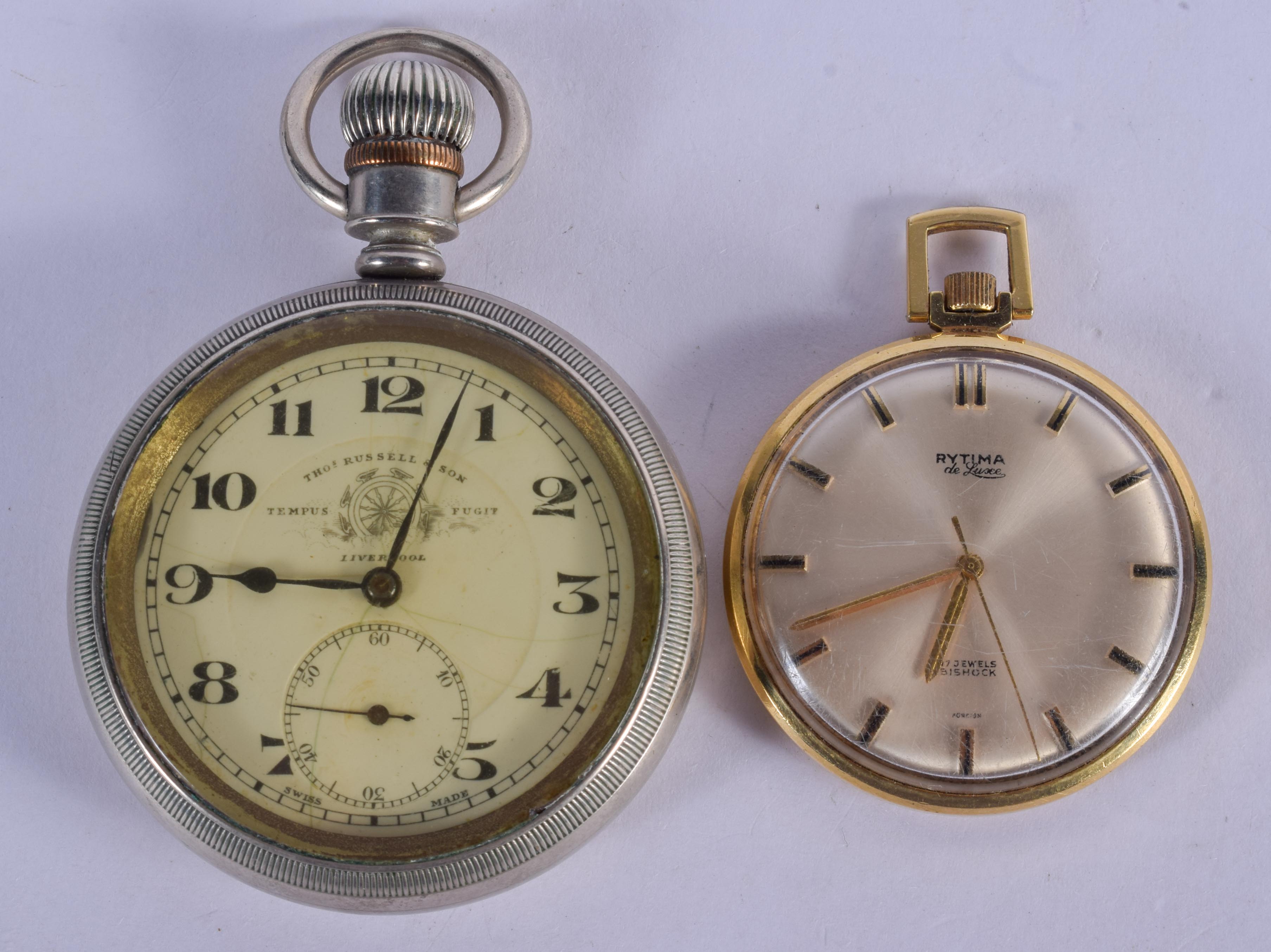 A THOMAS RUSSEL & SON POCKET WATCH and a smaller retime watch. Largest 5 cm wide. (2)