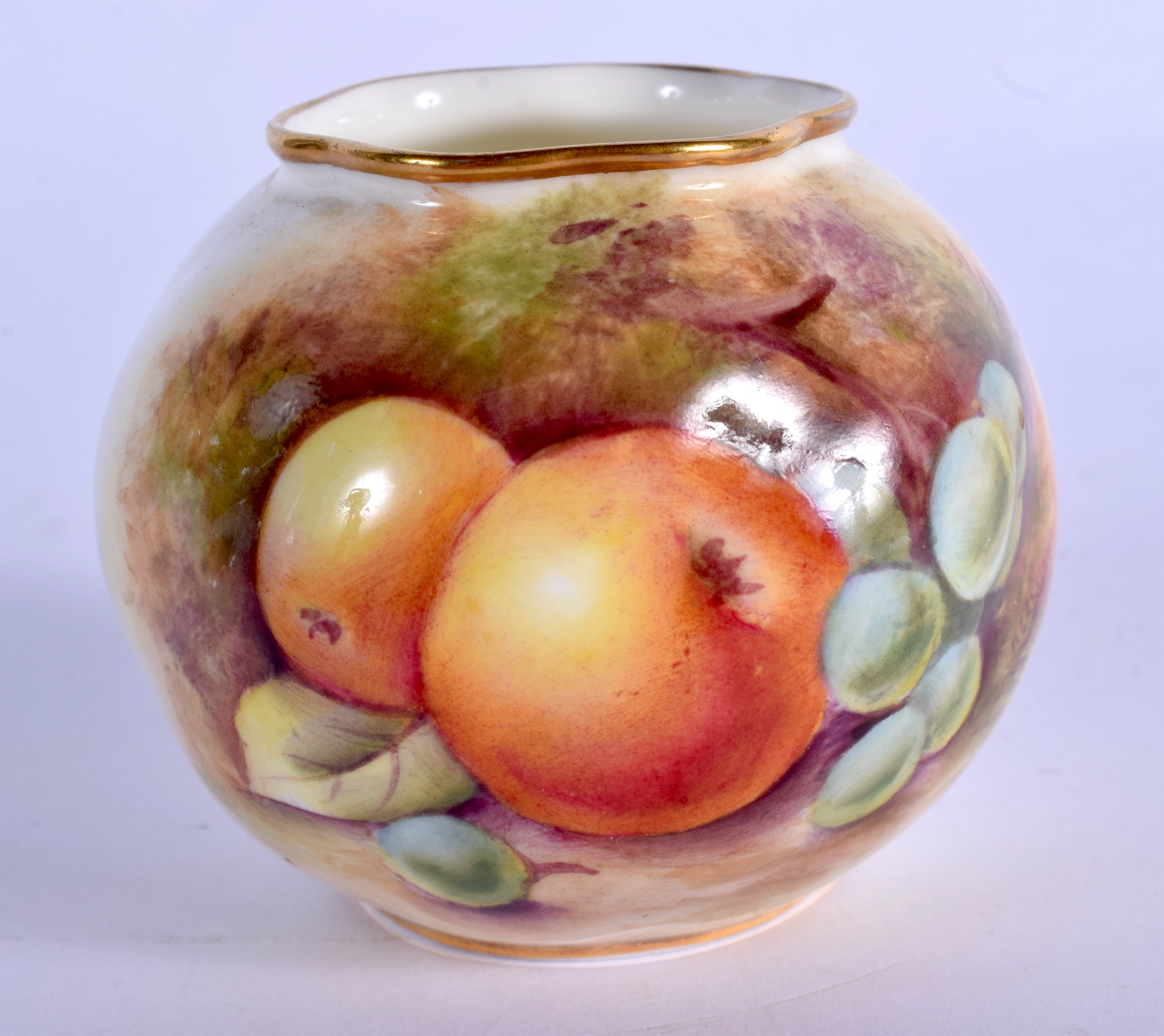 Royal Worcester swirl moulded globular vase painted with fruit signed K Cresswell, dated 1952, shape