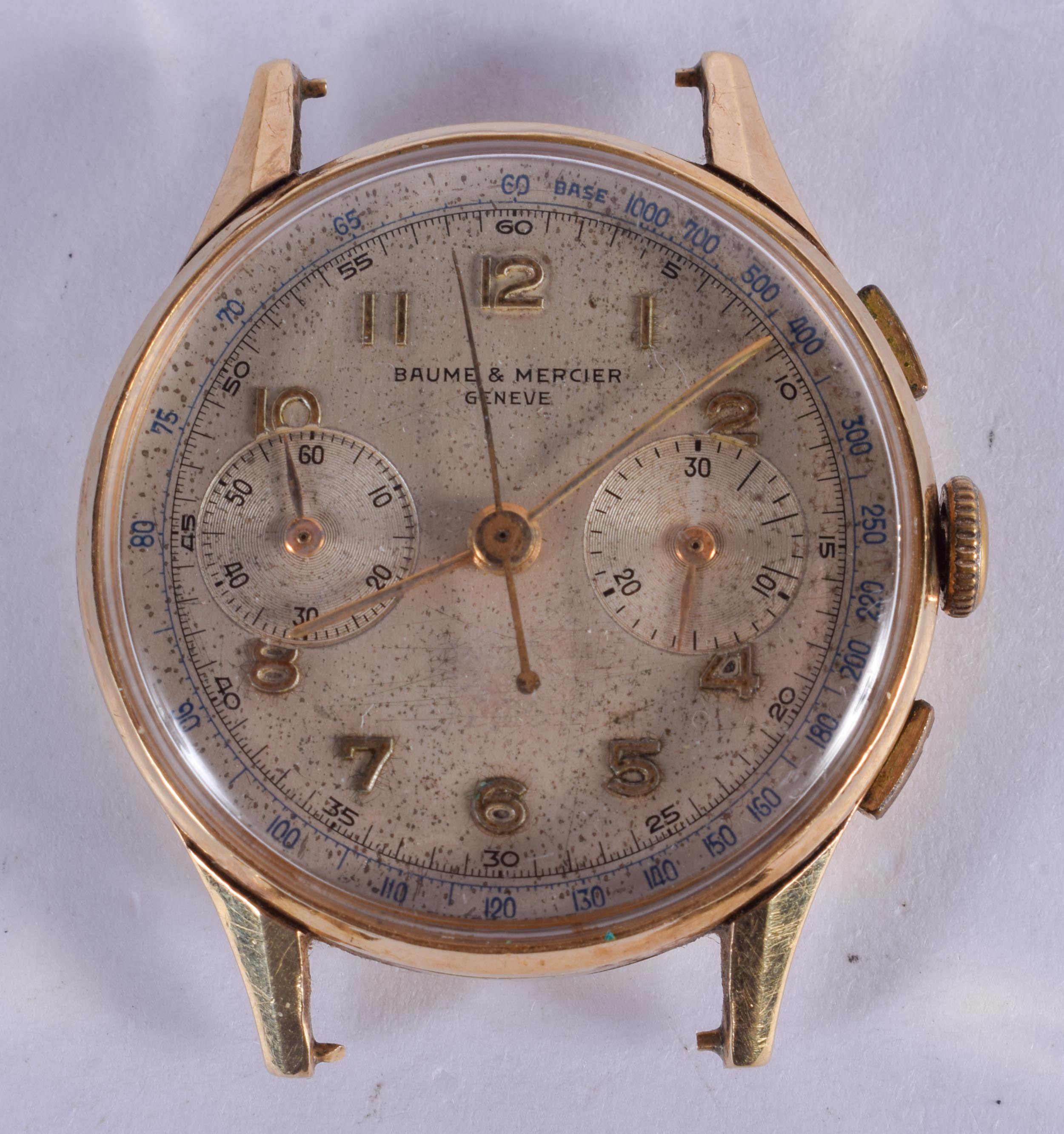 A VINTAGE GOLD BAUME & MERCIER SILVERED DIAL WATCH. 30 grams overall. 3.25 cm wide.