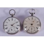 TWO ANTIQUE SILVER POCKET WATCHES. 5 cm diameter. (2)