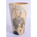 AN ANTIQUE NELSON SCRIMSHAW HORN HUNTING BEAKER. 11.5 cm high.