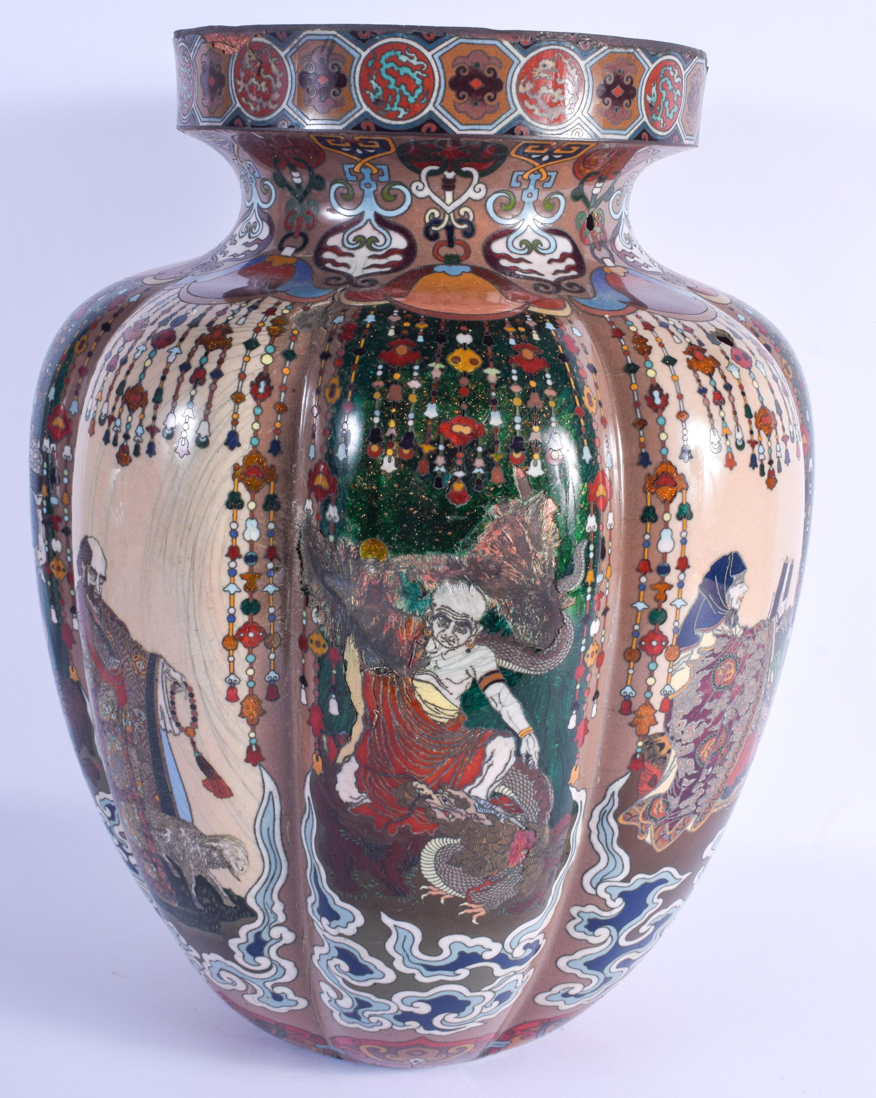 A LARGE 19TH CENTURY JAPANESE MEIJI PERIOD CLOISONNE ENAMEL VASE decorated with Buddhistic figures. - Image 2 of 4